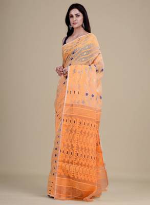 Off white & orange woven design jute silk jamdani saree 3