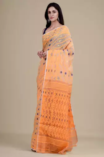 Off white & orange woven design jute silk jamdani saree