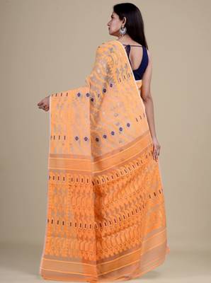 Off white & orange woven design jute silk jamdani saree 4