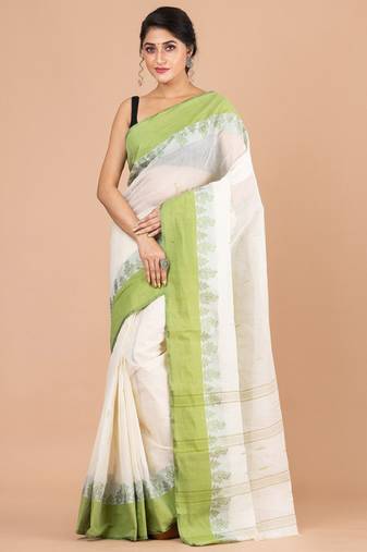 Off white & green ethnic motifs pure cotton jamdani saree