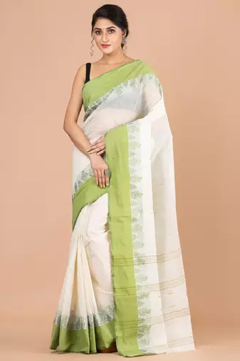 Off white & green ethnic motifs pure cotton jamdani saree
