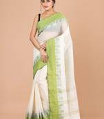 Off white & green ethnic motifs pure cotton jamdani saree