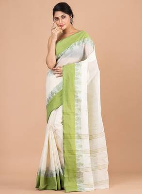 Off white & green ethnic motifs pure cotton jamdani saree 2
