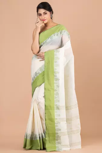 Off white & green ethnic motifs pure cotton jamdani saree