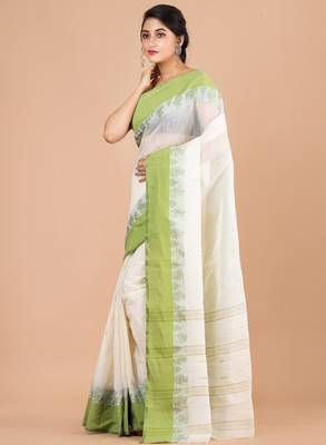 Off white & green ethnic motifs pure cotton jamdani saree 3