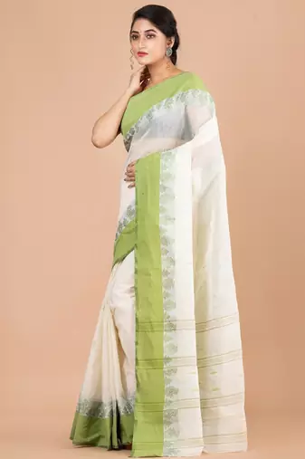 Off white & green ethnic motifs pure cotton jamdani saree