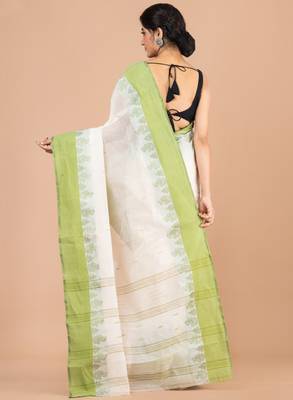 Off white & green ethnic motifs pure cotton jamdani saree 4