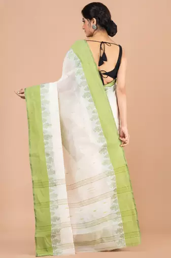 Off white & green ethnic motifs pure cotton jamdani saree