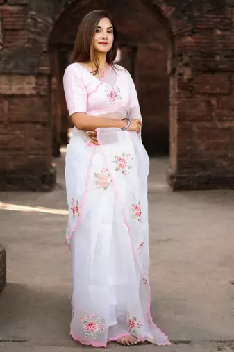 Floral embroidered organza saree