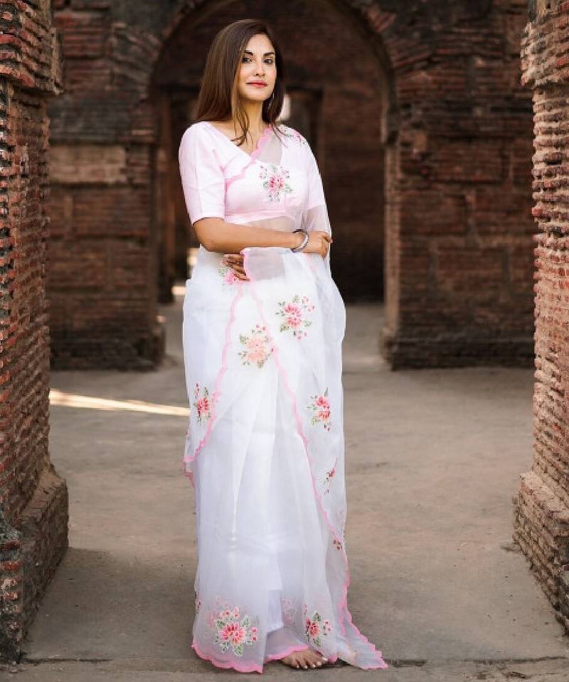 Floral embroidered organza saree