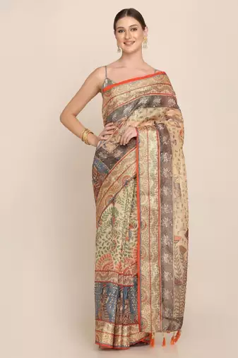 Floral motifs printed zari linen saree