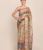 Floral motifs printed zari linen saree