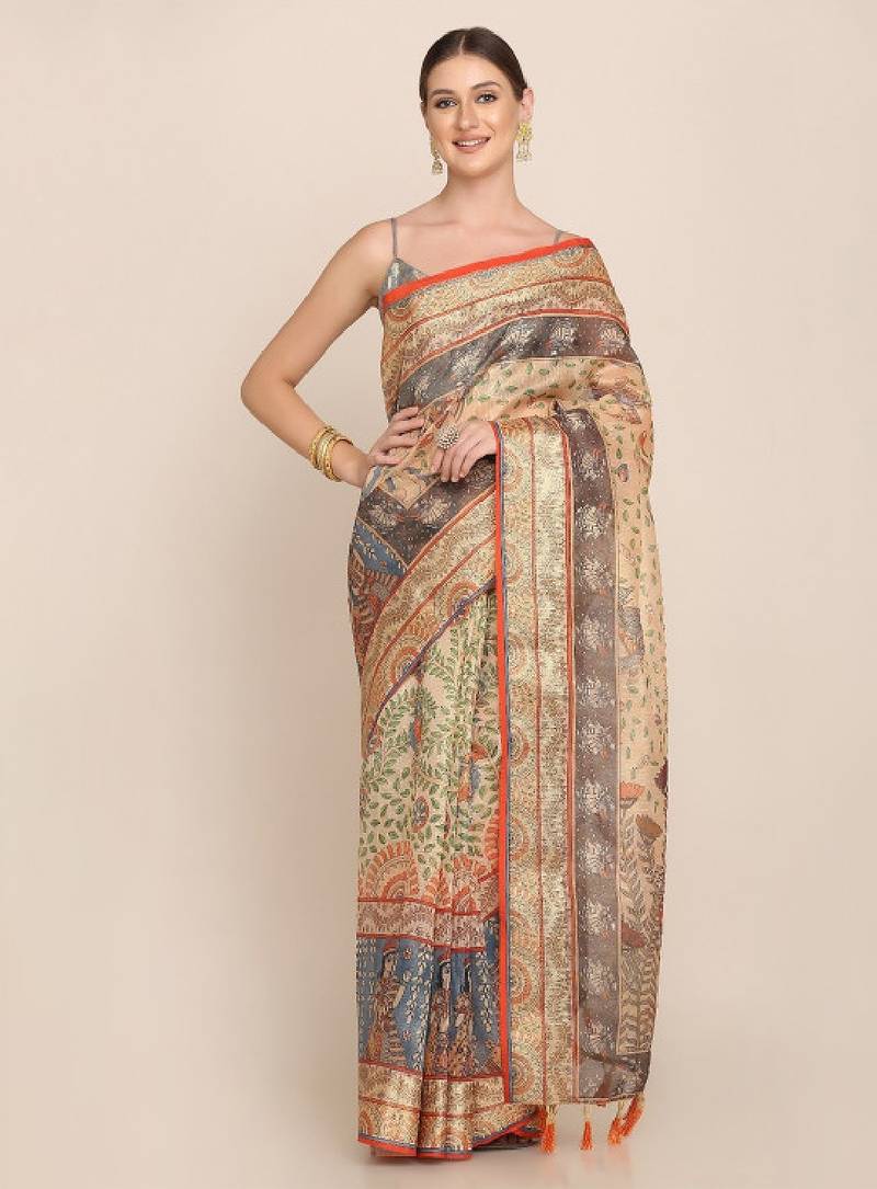 Floral motifs printed zari linen saree