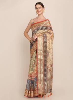 Floral motifs printed zari linen saree 2