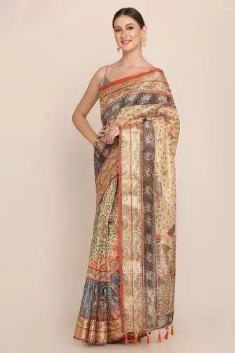 Floral motifs printed zari linen saree
