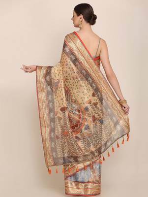 Floral motifs printed zari linen saree 3