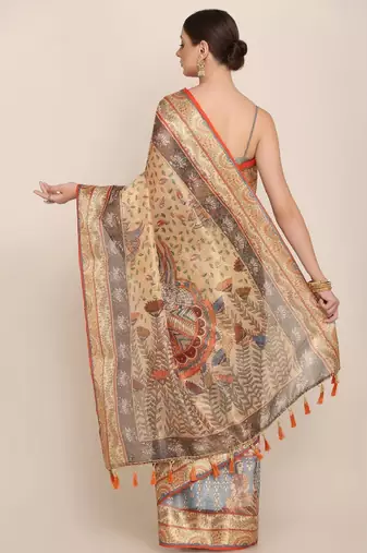 Floral motifs printed zari linen saree