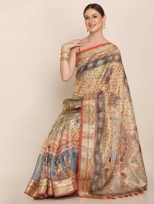 Floral motifs printed zari linen saree 4