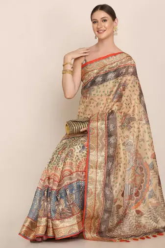 Floral motifs printed zari linen saree