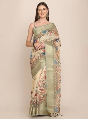 Ethnic motifs zari linen blend tussar saree 1