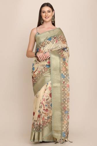 Ethnic motifs zari linen blend tussar saree