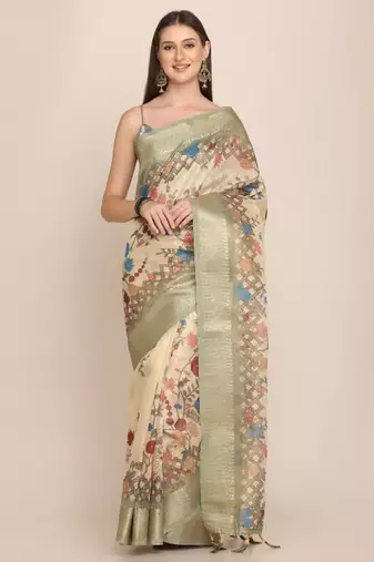 Ethnic motifs zari linen blend tussar saree