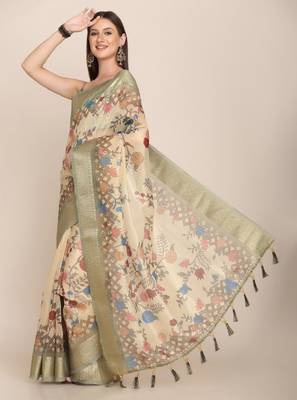 Ethnic motifs zari linen blend tussar saree 2