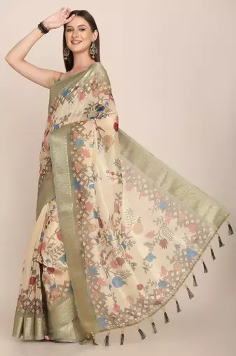 Ethnic motifs zari linen blend tussar saree