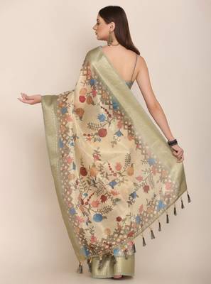 Ethnic motifs zari linen blend tussar saree 3