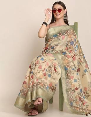 Ethnic motifs zari linen blend tussar saree 4