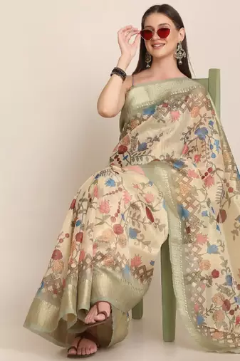 Ethnic motifs zari linen blend tussar saree