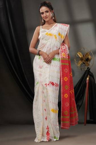 Woven design silk cotton jamdani saree