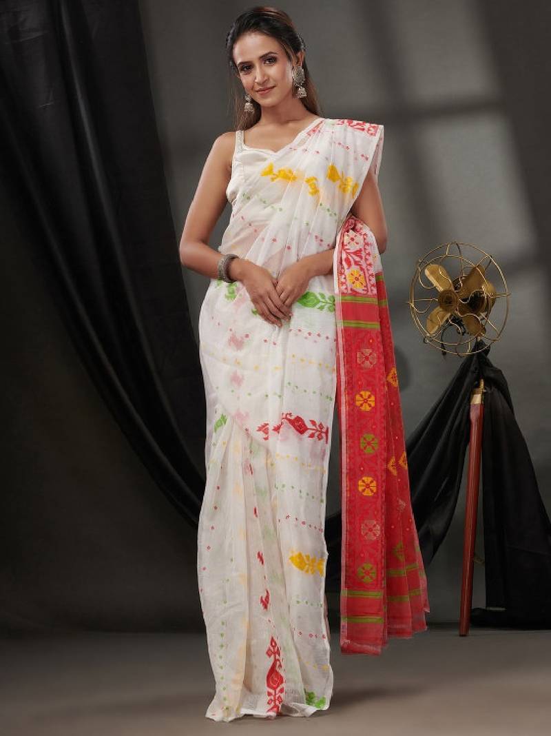 Woven design silk cotton jamdani saree