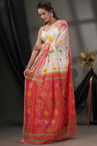 Woven design silk cotton jamdani saree