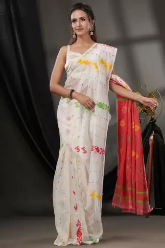 Woven design silk cotton jamdani saree