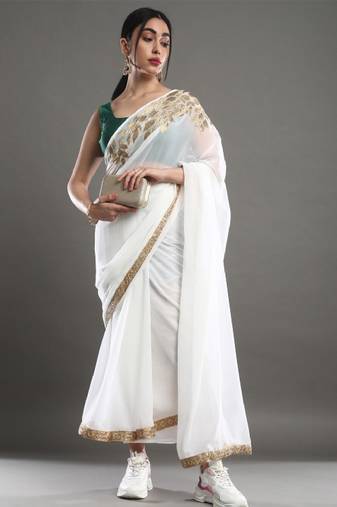 Off white & gold-toned floral embroidered saree