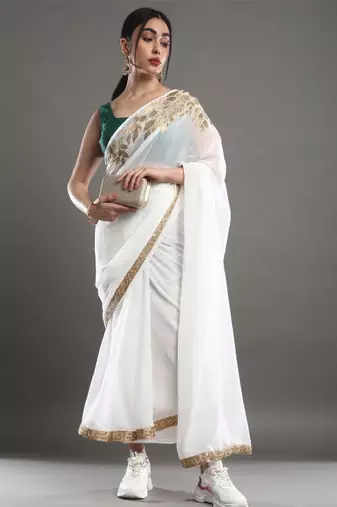 Off white & gold-toned floral embroidered saree