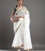 Off white & gold-toned floral embroidered saree
