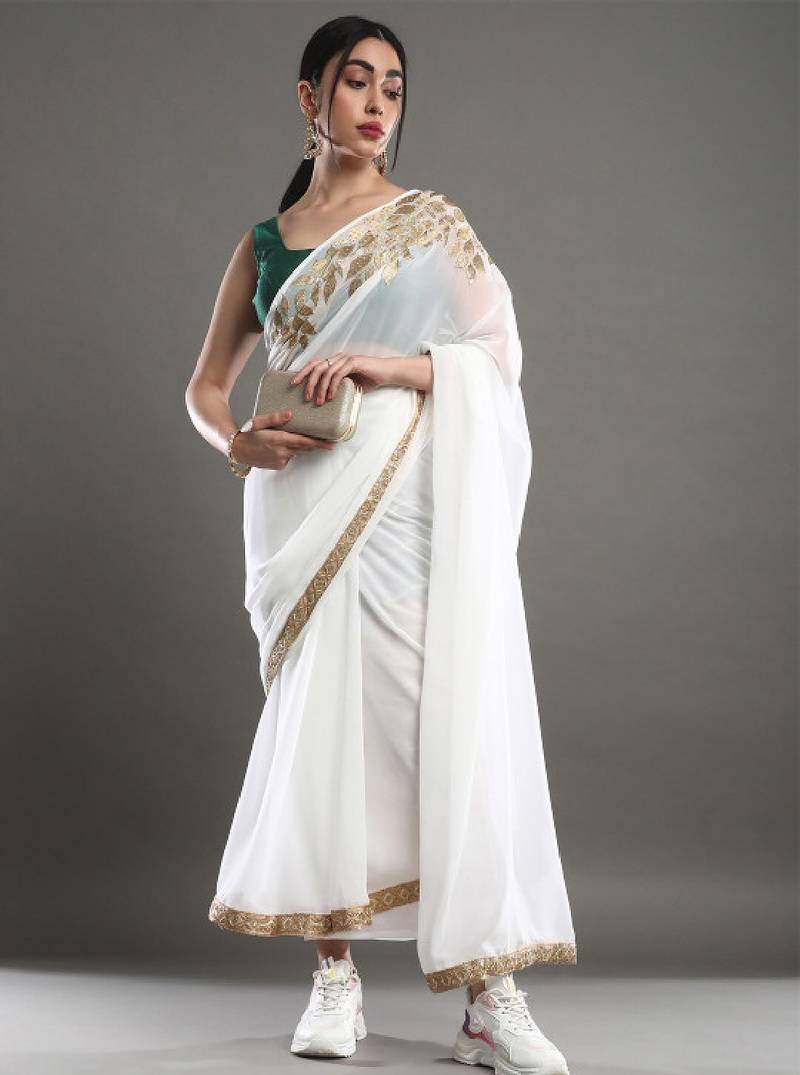 Off white & gold-toned floral embroidered saree
