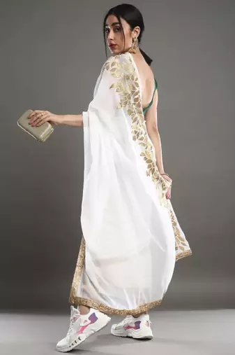 Off white & gold-toned floral embroidered saree