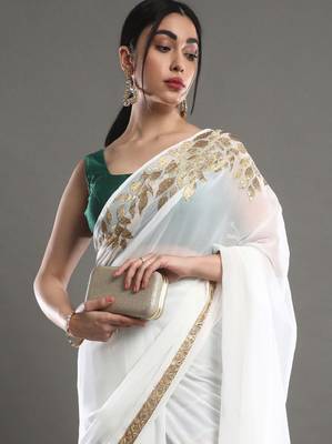 Off white & gold-toned floral embroidered saree 4