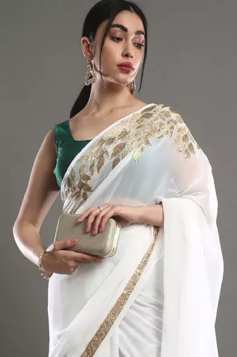 Off white & gold-toned floral embroidered saree