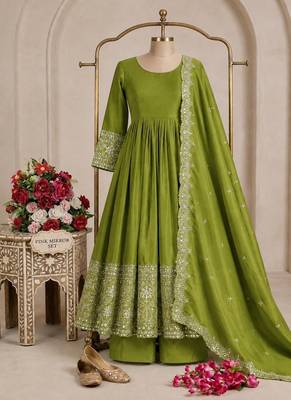 parrot green heavy cording embroidery dori and sequin work silk blend gown set 1