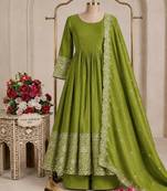 parrot green heavy cording embroidery dori and sequin work silk blend gown set