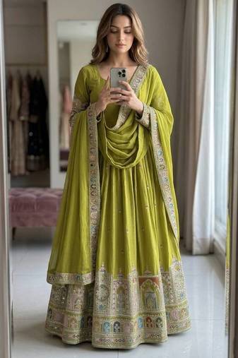 parrot green color heavy cording embroidery dori and sequin work silk blend gown set