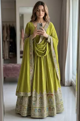 parrot green color heavy cording embroidery dori and sequin work silk blend gown set