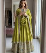 parrot green color heavy cording embroidery dori and sequin work silk blend gown set