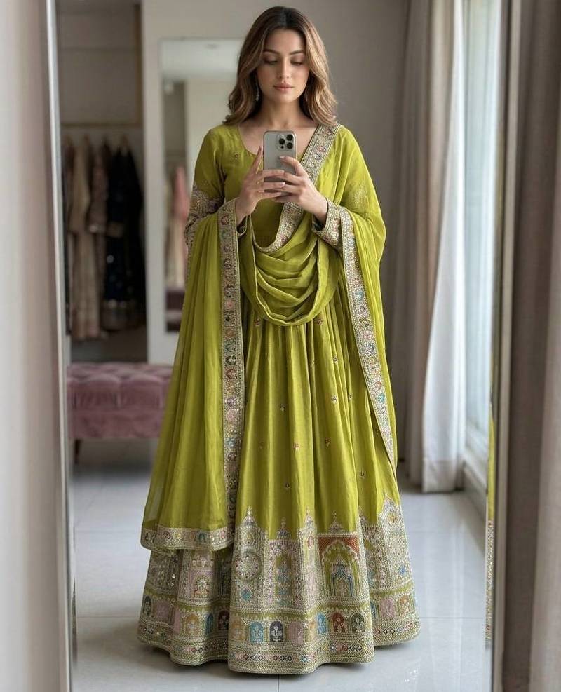 parrot green color heavy cording embroidery dori and sequin work silk blend gown set