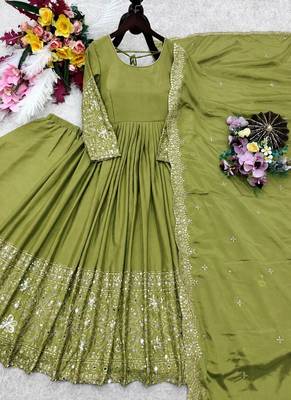 parrot green heavy cording embroidery dori and sequin work silk blend gown set 2