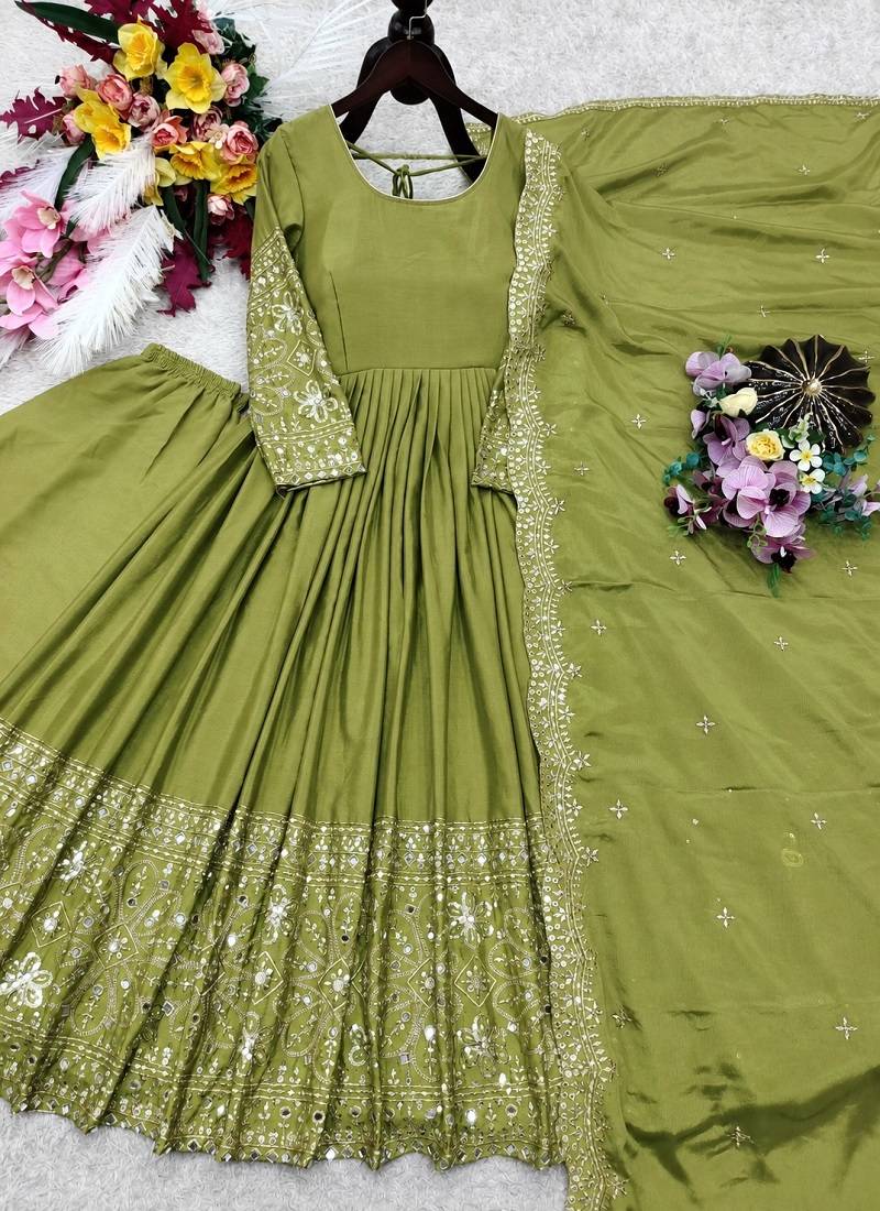parrot green heavy cording embroidery dori and sequin work silk blend gown set